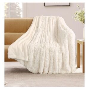 Super Fluffy Faux Fur Cream Ivory Off White Blanket Machine Washable Reversible